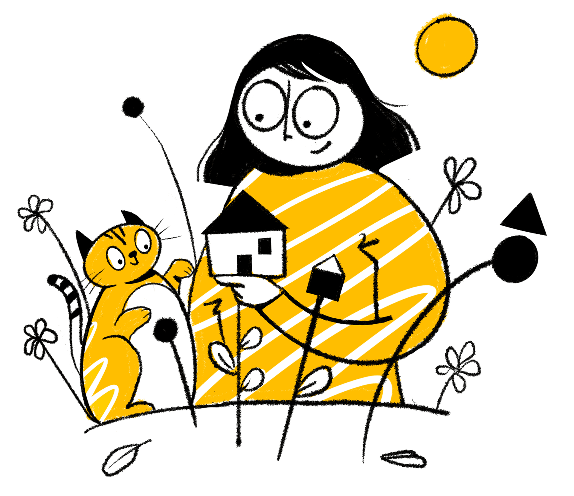 Illustration of a person with a cat holding a house